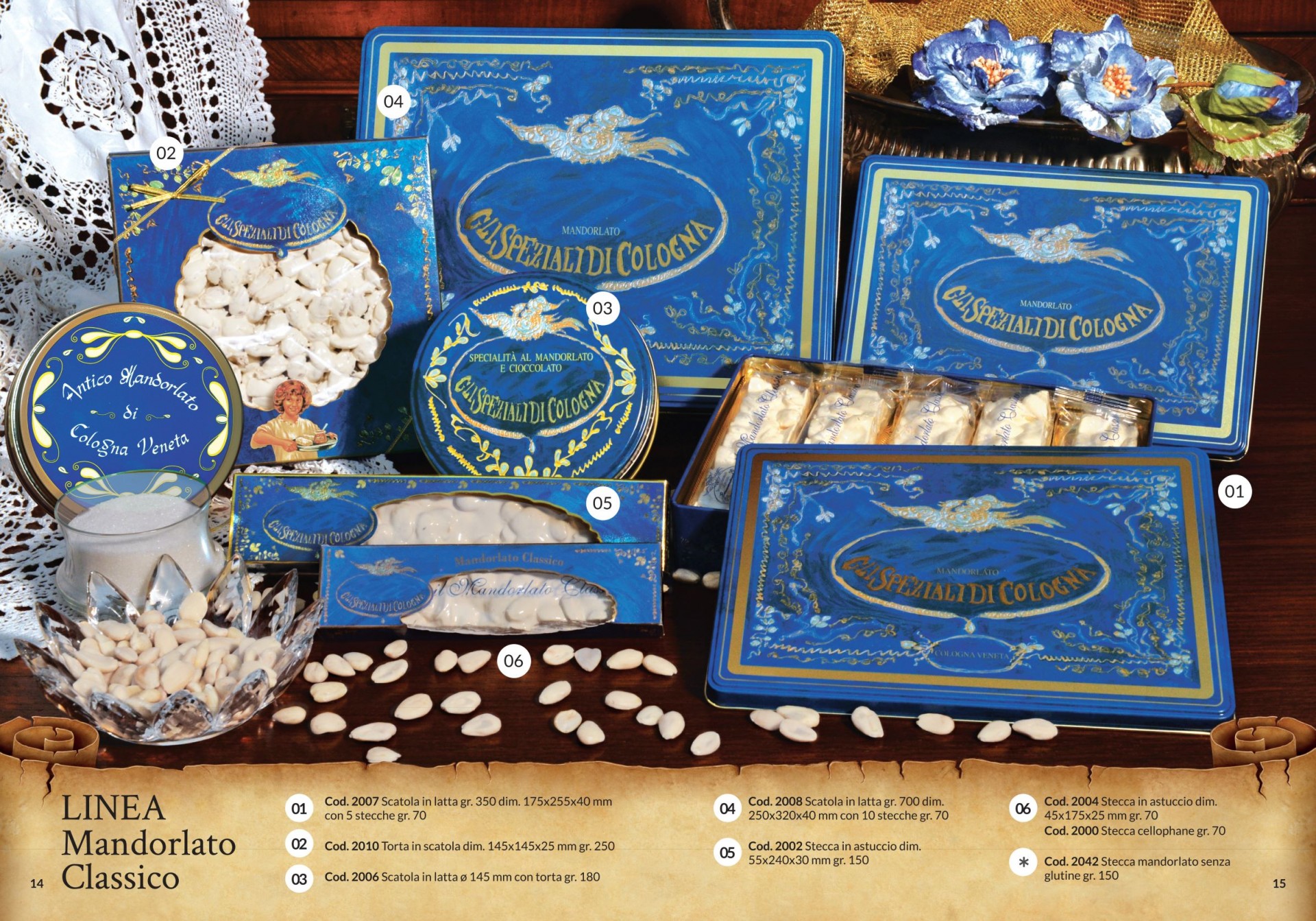 Stecche e torte di Mandorlato Classico nelle eleganti ed esclusive scatole di latta ed astucci di cartoncino di colore blu